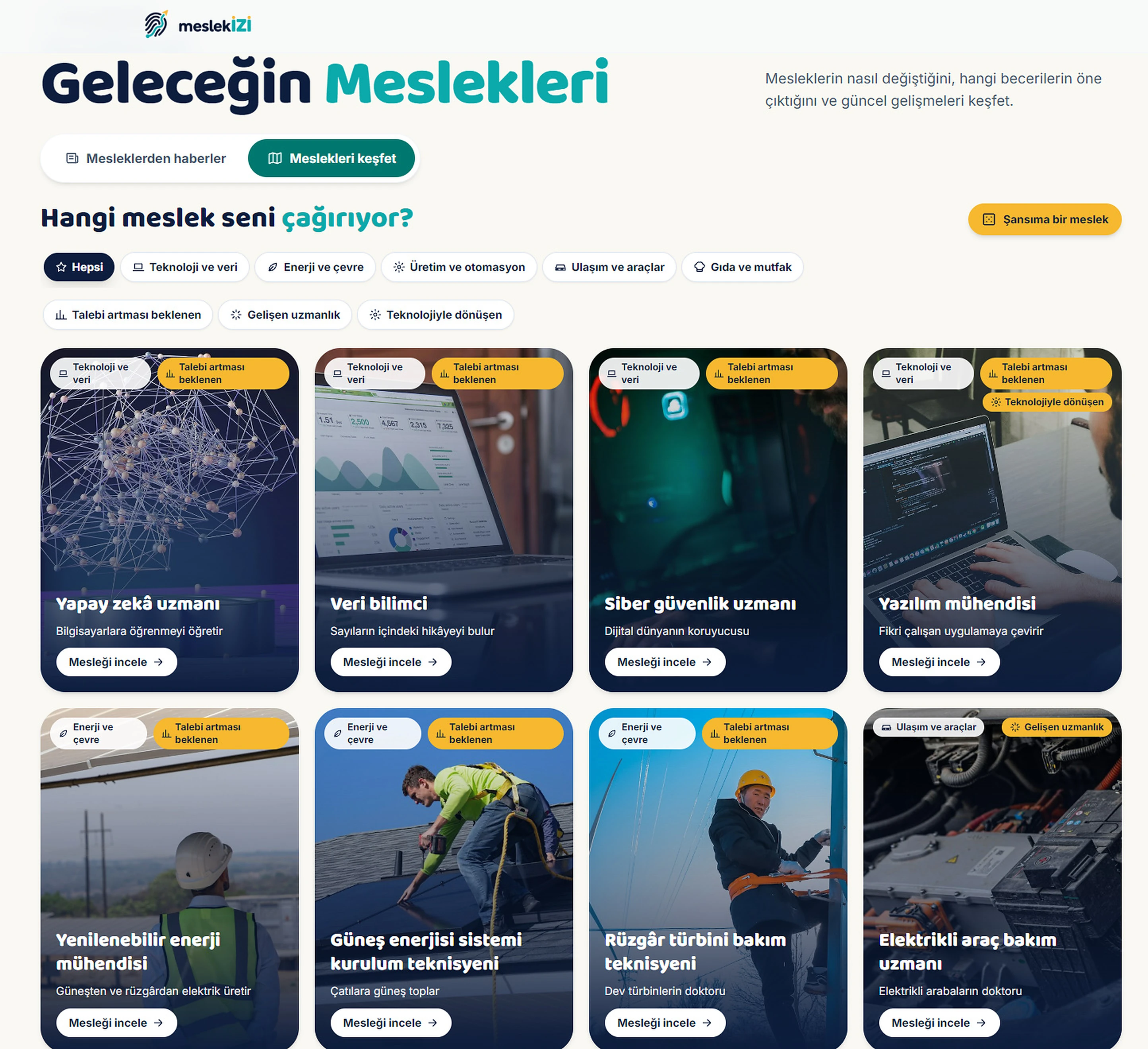 Geleceğin Meslekleri sayfası, “Meslekleri keşfet” sekmesi: alan süzgeçleri ve yapay zekâ uzmanı, veri bilimci, siber güvenlik uzmanı gibi meslek kartları. (büyütmek için tıklayın)